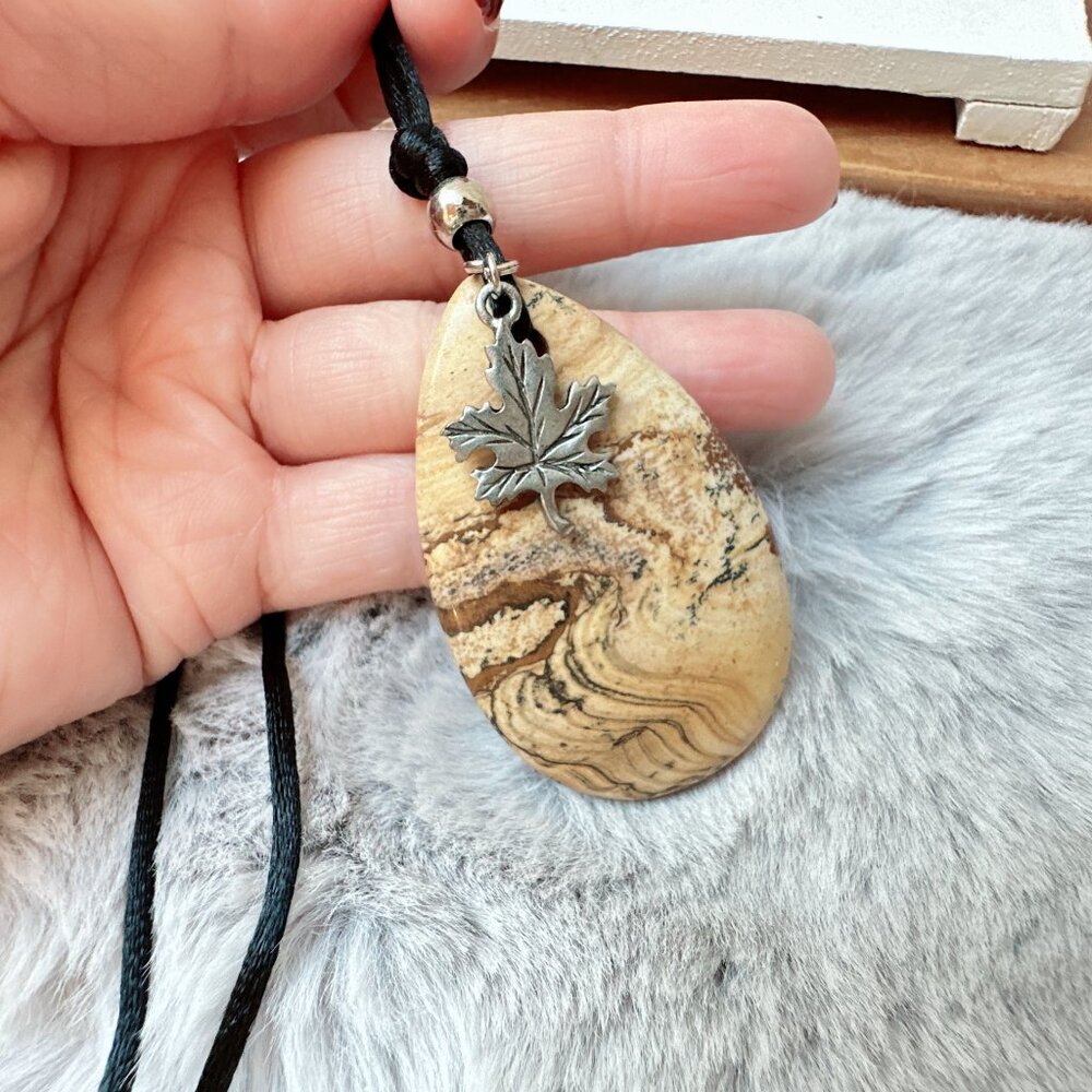 Large Picture Jasper with Maple Leaf Pendant on Black Cord Necklace